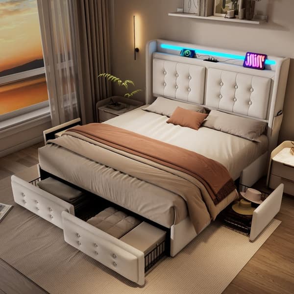 Aikuisten sänky 140 x 200 cm pellavakangasta - LED- ja latausliitännöillä - 4 laatikkoa - beige