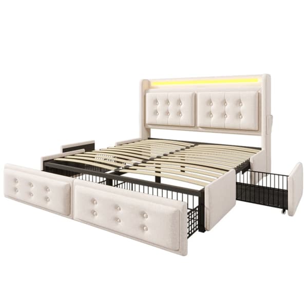 Voksenseng 160x200cm i hørstof - med LED og opladningstilslutninger - 4 skuffer - beige