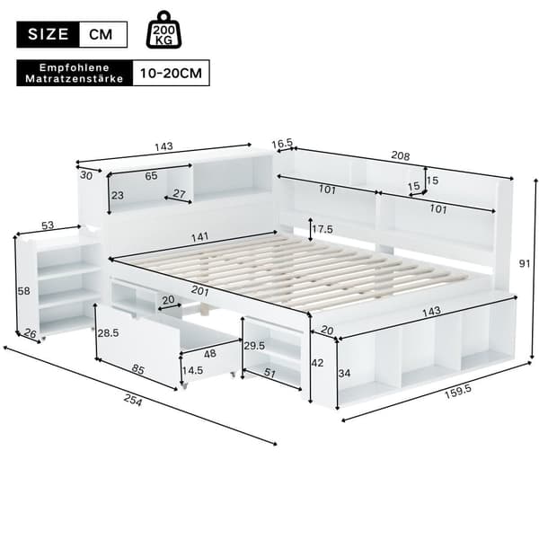 140 x 200 cm MDF seng - med multifunktionel opbevaringsplads og en lille flytbar reol - med lamelramme - hvid