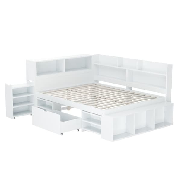 140 x 200 cm MDF seng - med multifunktionel opbevaringsplads og en lille flytbar reol - med lamelramme - hvid