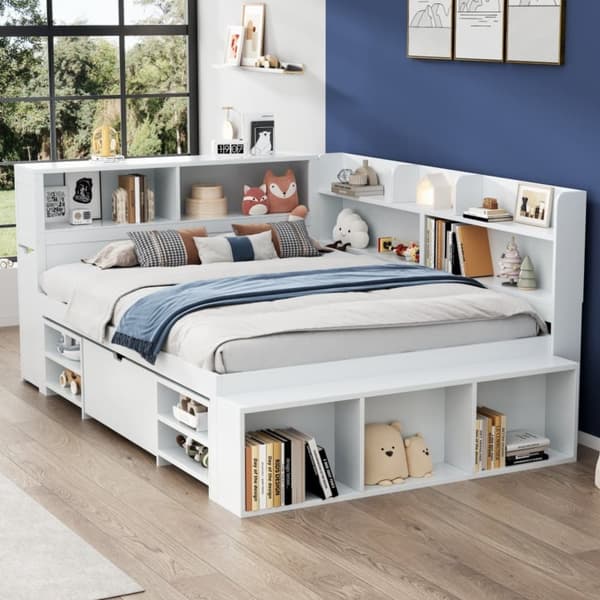 140 x 200 cm MDF seng - med multifunktionel opbevaringsplads og en lille flytbar reol - med lamelramme - hvid