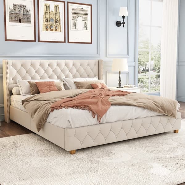 Voksenseng Polstret i Hør - 140 x 190 cm - med tremmesengsramme - Beige
