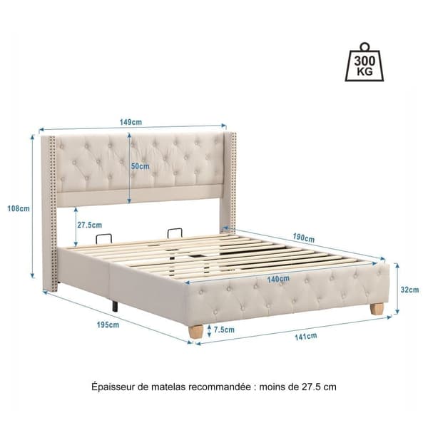 Voksenseng Polstret i Hør - 140 x 190 cm - med tremmesengsramme - Beige