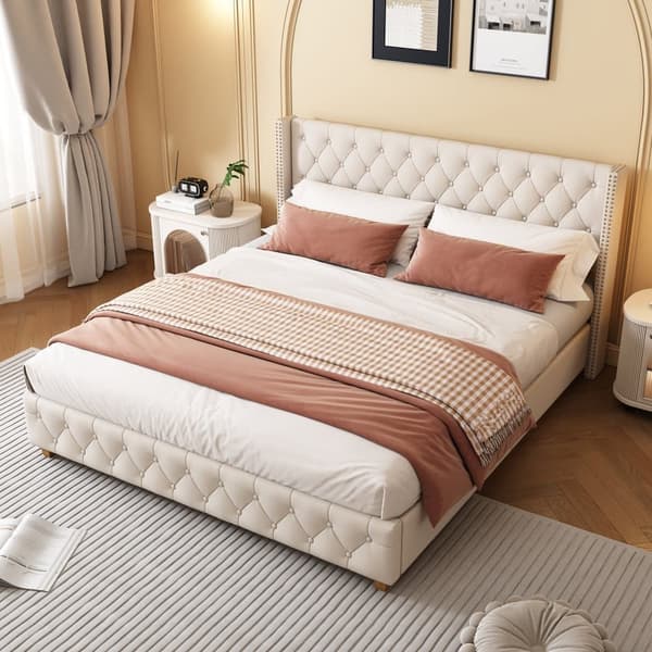 Voksenseng Polstret i Hør - 140 x 190 cm - med tremmesengsramme - Beige