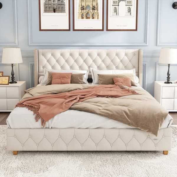 Voksenseng Polstret i Hør - 140 x 190 cm - med tremmesengsramme - Beige