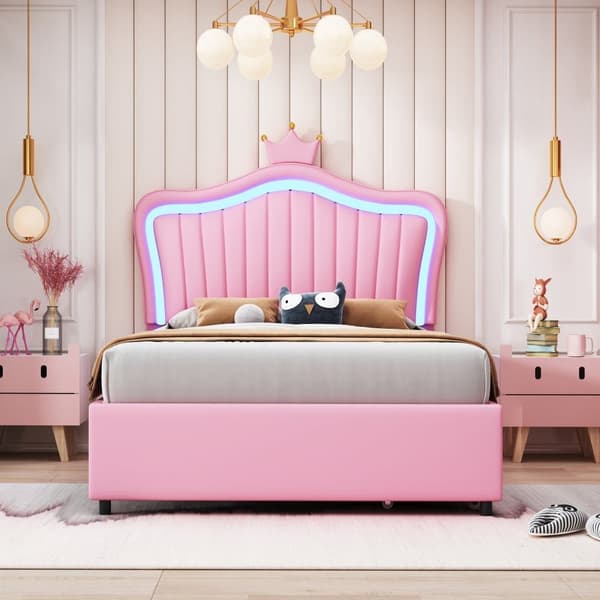 Barnsäng i konstläder 90x200 cm - med LED och 2 lådor - med lamellram - rosa