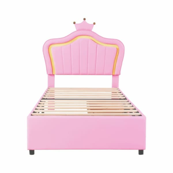 Barnsäng i konstläder 90x200 cm - med LED och 2 lådor - med lamellram - rosa