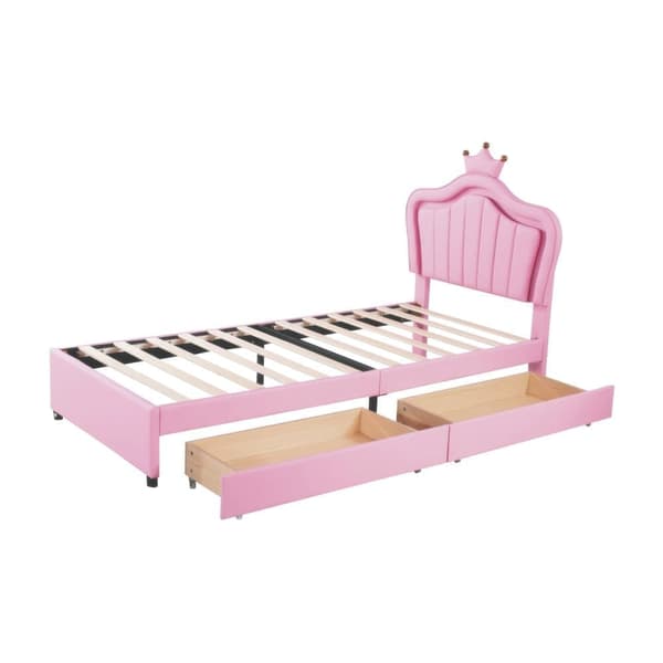 Barnsäng i konstläder 90x200 cm - med LED och 2 lådor - med lamellram - rosa