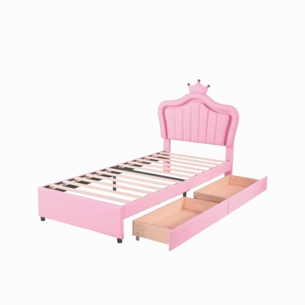 Barnsäng i konstläder 90x200 cm - med LED och 2 lådor - med lamellram - rosa