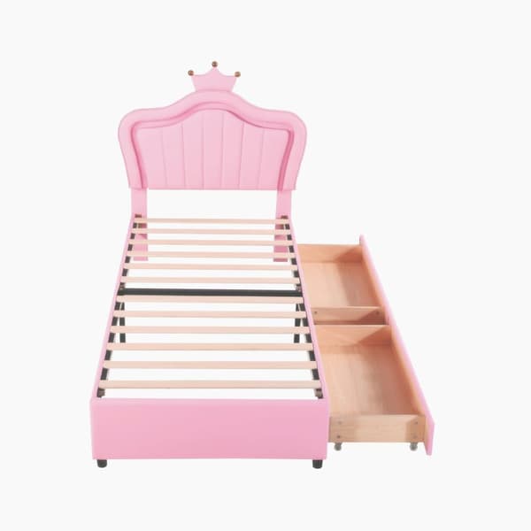 Barnsäng i konstläder 90x200 cm - med LED och 2 lådor - med lamellram - rosa