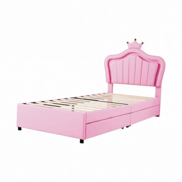 Barnsäng i konstläder 90x200 cm - med LED och 2 lådor - med lamellram - rosa