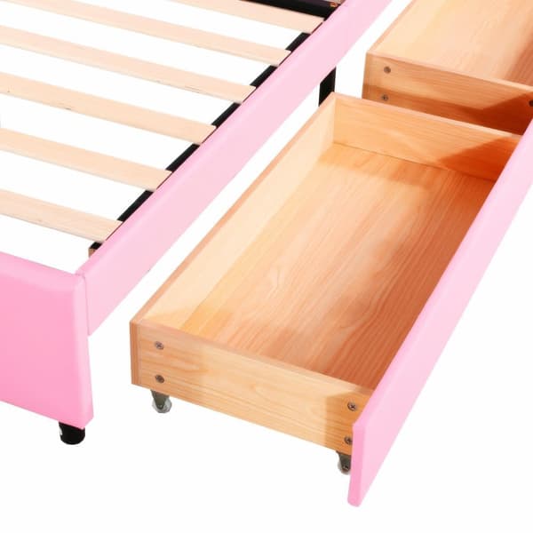 Barnsäng i konstläder 90x200 cm - med LED och 2 lådor - med lamellram - rosa