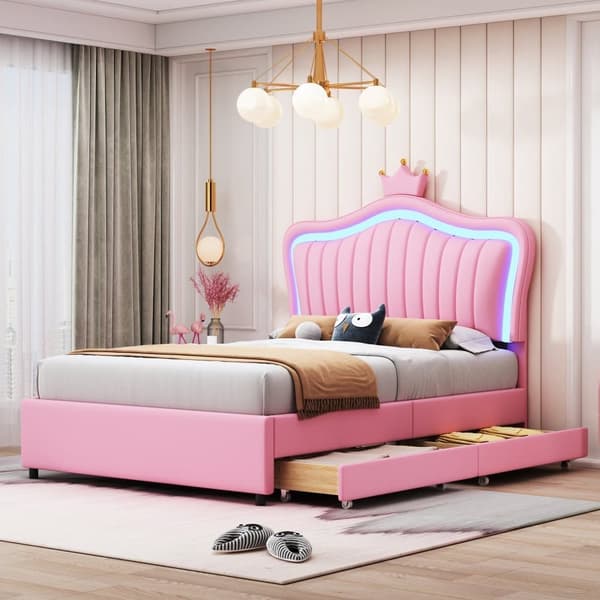 Barnsäng i konstläder 90x200 cm - med LED och 2 lådor - med lamellram - rosa