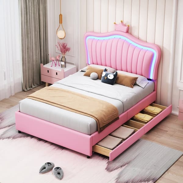 Barnsäng i konstläder 90x200 cm - med LED och 2 lådor - med lamellram - rosa