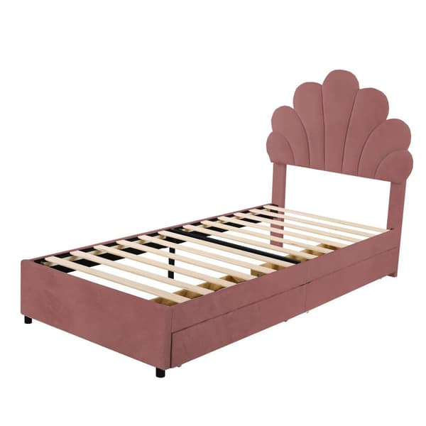 Samettinen yhden hengen sänky 2 laatikolla - 90 x 200 cm - Kukanmuotoinen sängynpääty - sälekehyksellä - punainen