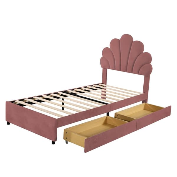 Samettinen yhden hengen sänky 2 laatikolla - 90 x 200 cm - Kukanmuotoinen sängynpääty - sälekehyksellä - punainen