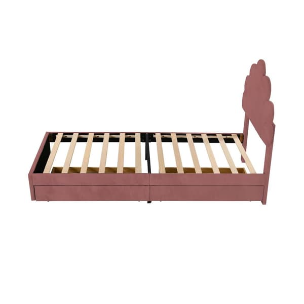 Samettinen yhden hengen sänky 2 laatikolla - 90 x 200 cm - Kukanmuotoinen sängynpääty - sälekehyksellä - punainen