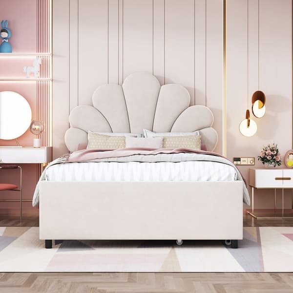 Samettinen yhden hengen sänky 2 laatikolla - 90 x 200 cm - Kukkainen sängynpääty - sälekehyksellä - beige