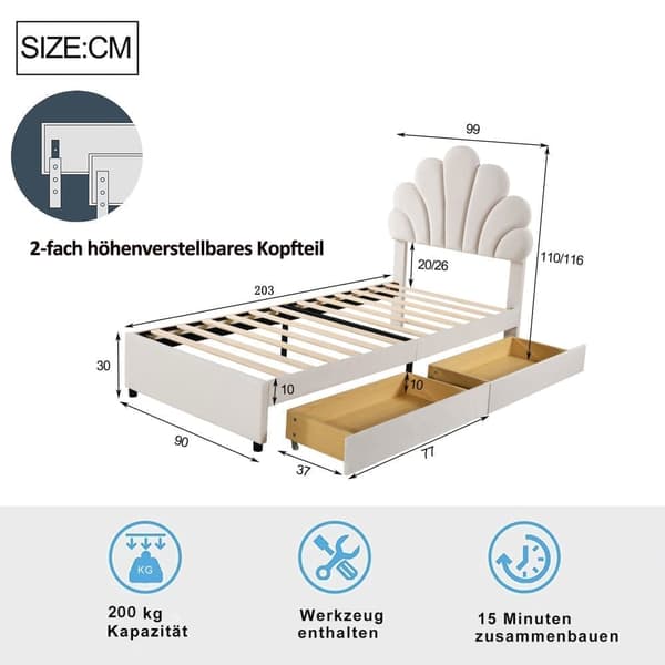 Samettinen yhden hengen sänky 2 laatikolla - 90 x 200 cm - Kukkainen sängynpääty - sälekehyksellä - beige