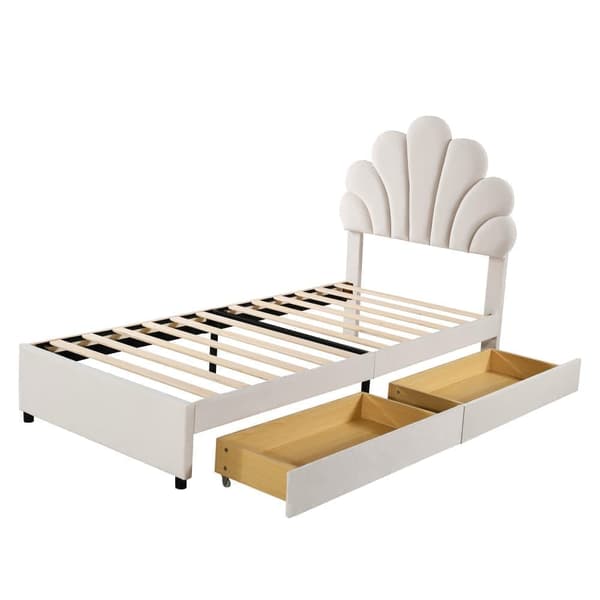 Samettinen yhden hengen sänky 2 laatikolla - 90 x 200 cm - Kukkainen sängynpääty - sälekehyksellä - beige