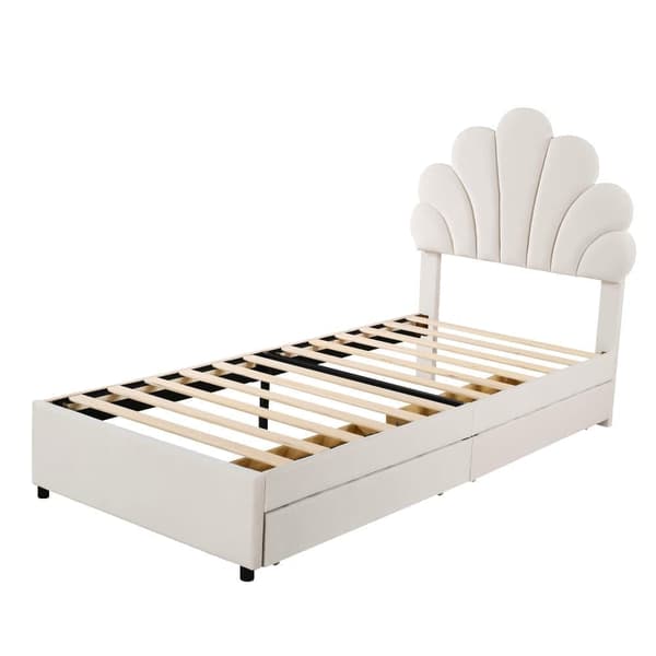 Samettinen yhden hengen sänky 2 laatikolla - 90 x 200 cm - Kukkainen sängynpääty - sälekehyksellä - beige
