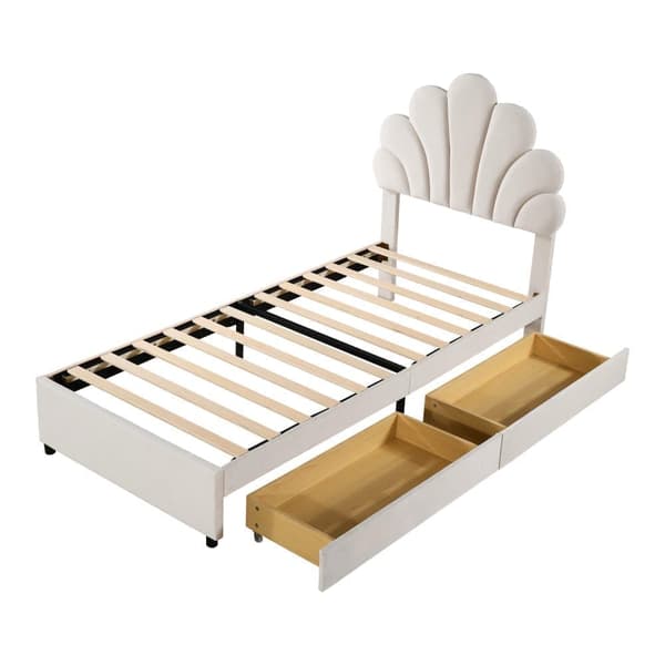 Samettinen yhden hengen sänky 2 laatikolla - 90 x 200 cm - Kukkainen sängynpääty - sälekehyksellä - beige