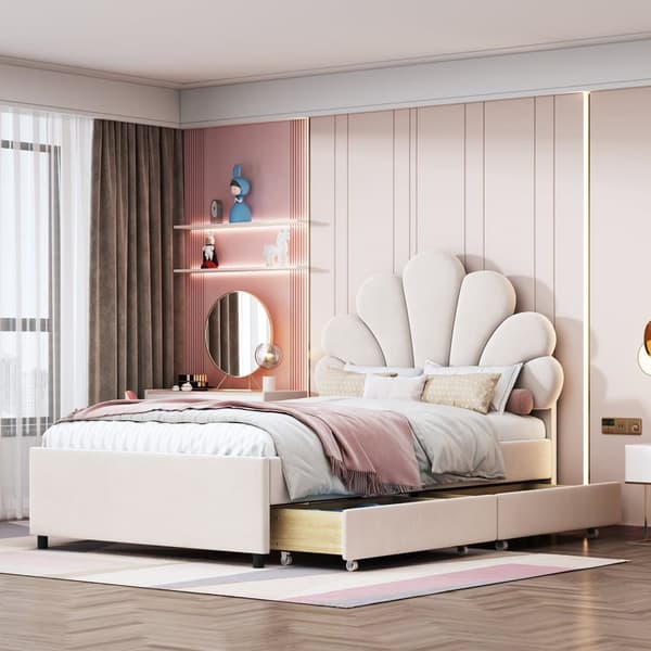 Samettinen yhden hengen sänky 2 laatikolla - 90 x 200 cm - Kukkainen sängynpääty - sälekehyksellä - beige