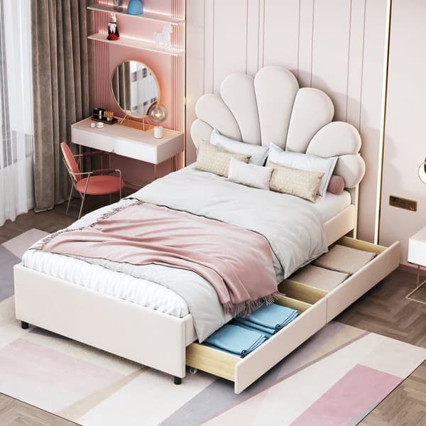 Samettinen yhden hengen sänky 2 laatikolla - 90 x 200 cm - Kukkainen sängynpääty - sälekehyksellä - beige