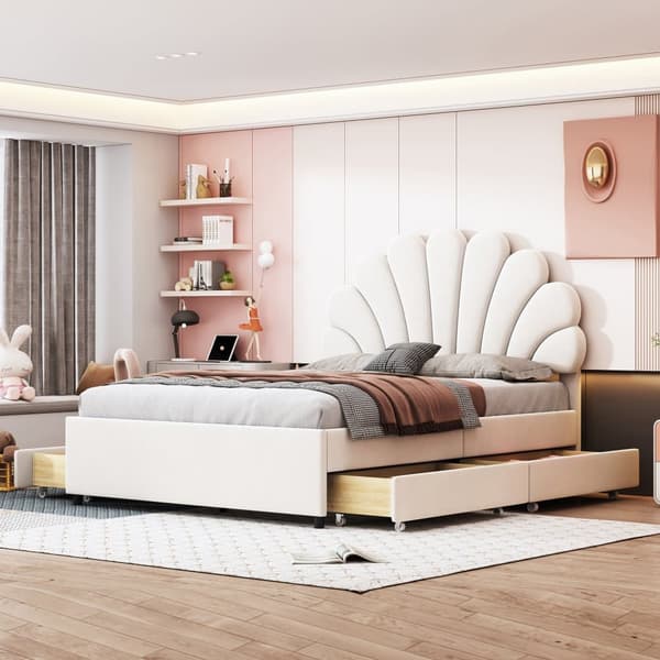 Sammetsklädd dubbelsäng med 4 lådor - 140 x 200 cm - blomformad huvudgavel - med lamellram - Beige