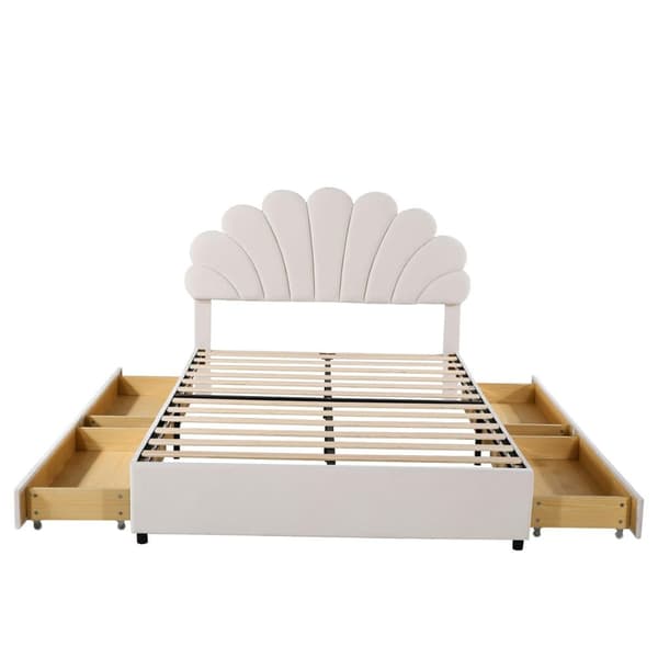 Sammetsklädd dubbelsäng med 4 lådor - 140 x 200 cm - blomformad huvudgavel - med lamellram - Beige