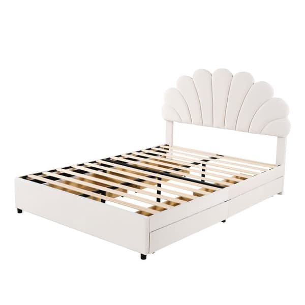 Sammetsklädd dubbelsäng med 4 lådor - 140 x 200 cm - blomformad huvudgavel - med lamellram - Beige