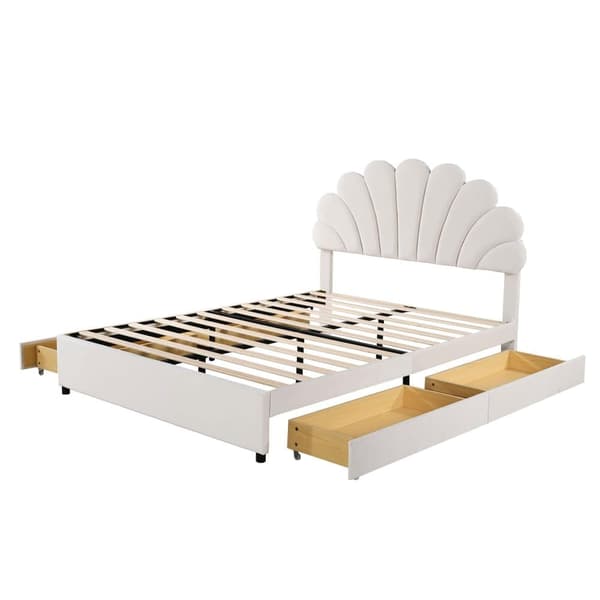 Sammetsklädd dubbelsäng med 4 lådor - 140 x 200 cm - blomformad huvudgavel - med lamellram - Beige