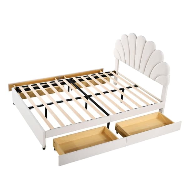 Sammetsklädd dubbelsäng med 4 lådor - 140 x 200 cm - blomformad huvudgavel - med lamellram - Beige