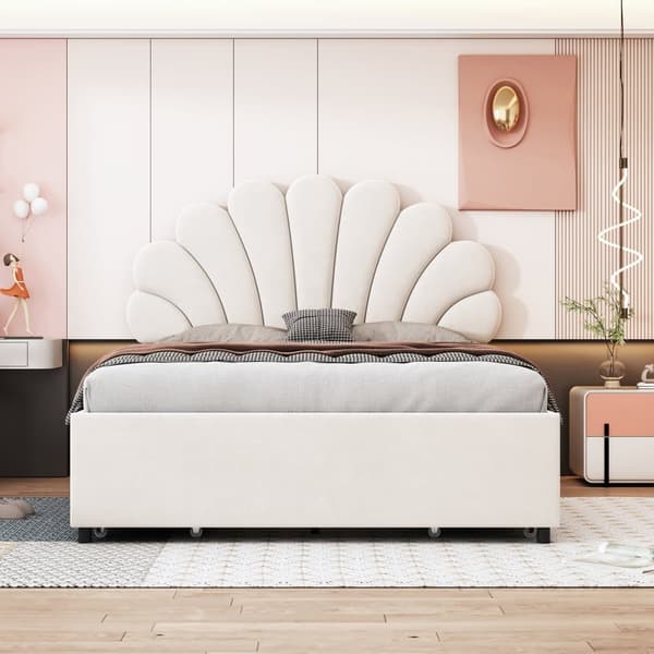 Sammetsklädd dubbelsäng med 4 lådor - 140 x 200 cm - blomformad huvudgavel - med lamellram - Beige