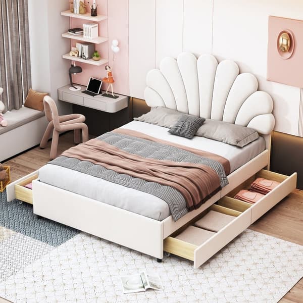 Sammetsklädd dubbelsäng med 4 lådor - 140 x 200 cm - blomformad huvudgavel - med lamellram - Beige