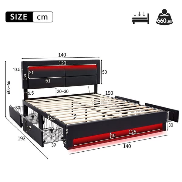 Dobbeltseng 140 x 190 cm i kunstlæder med LED - 4 skuffer - med opladningstilslutninger (kablet og trådløs) - sort