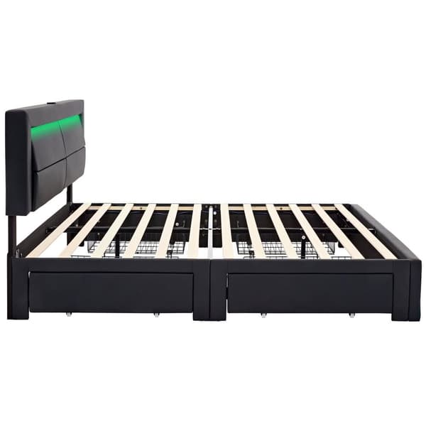 Dobbeltseng 140 x 190 cm i kunstlæder med LED - 4 skuffer - med opladningstilslutninger (kablet og trådløs) - sort