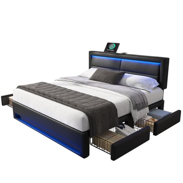 Dobbeltseng 140 x 190 cm i kunstlæder med LED - 4 skuffer - med opladningstilslutninger (kablet og trådløs) - sort