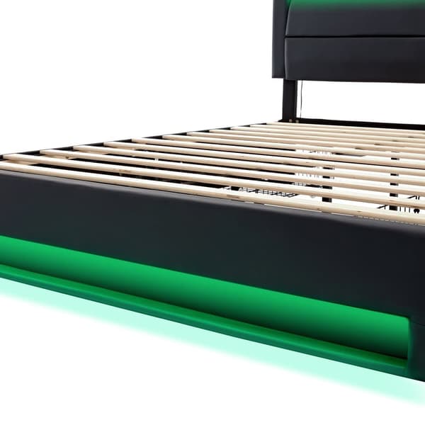 Dobbeltseng 140 x 190 cm i kunstlæder med LED - 4 skuffer - med opladningstilslutninger (kablet og trådløs) - sort