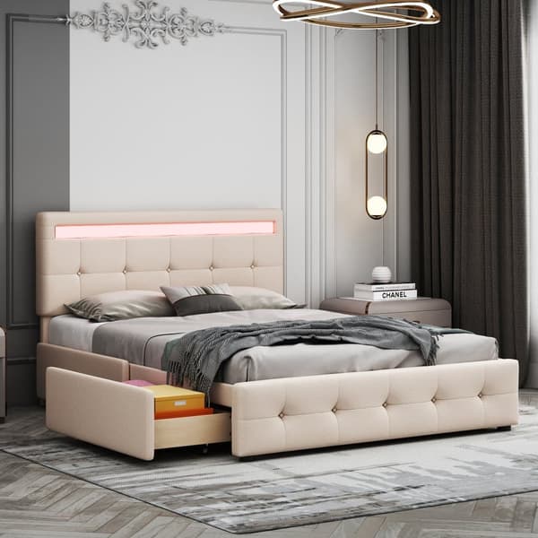 140x200cm stoppad linnesäng - med LED och 4 lådor - med lamellram - Beige