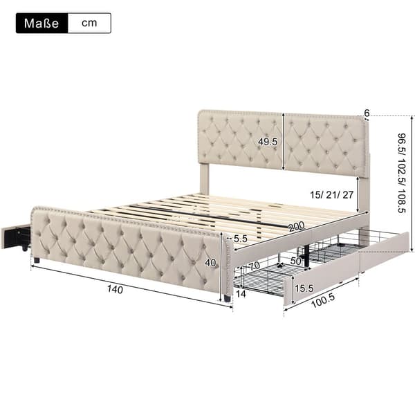 Polstret voksenseng 140 x 200 cm med 4 skuffer - Hørstof - med justerbar sengegavl og lamelramme - Beige