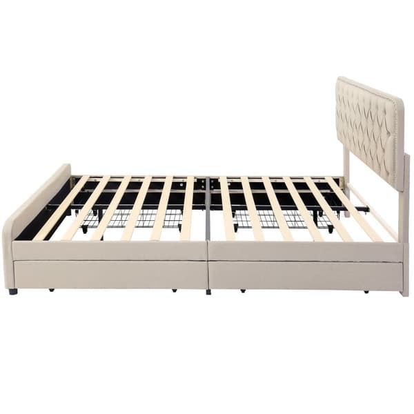 Polstret voksenseng 140 x 200 cm med 4 skuffer - Hørstof - med justerbar sengegavl og lamelramme - Beige