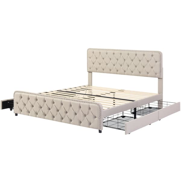 Polstret voksenseng 140 x 200 cm med 4 skuffer - Hørstof - med justerbar sengegavl og lamelramme - Beige