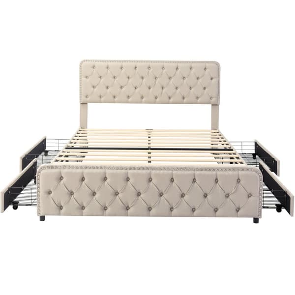 Polstret voksenseng 140 x 200 cm med 4 skuffer - Hørstof - med justerbar sengegavl og lamelramme - Beige
