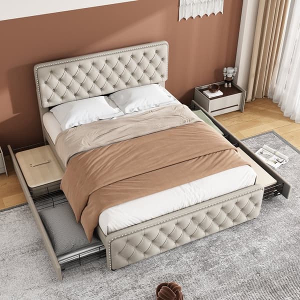 Polstret voksenseng 140 x 200 cm med 4 skuffer - Hørstof - med justerbar sengegavl og lamelramme - Beige