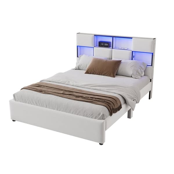 Dubbelsäng med justerbar LED - 140x200 cm - flera förvaringsfack med USB-gränssnitt - Beige