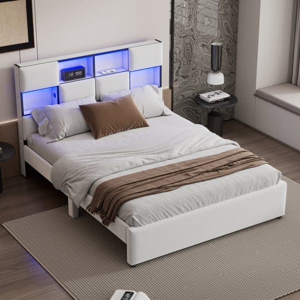 Dubbelsäng med justerbar LED - 140x200 cm - flera förvaringsfack med USB-gränssnitt - Beige