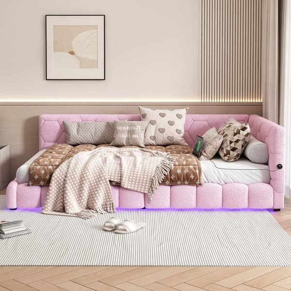 90 x 200 cm fløjl sovesofa - med LED og USB tilslutning - Pink