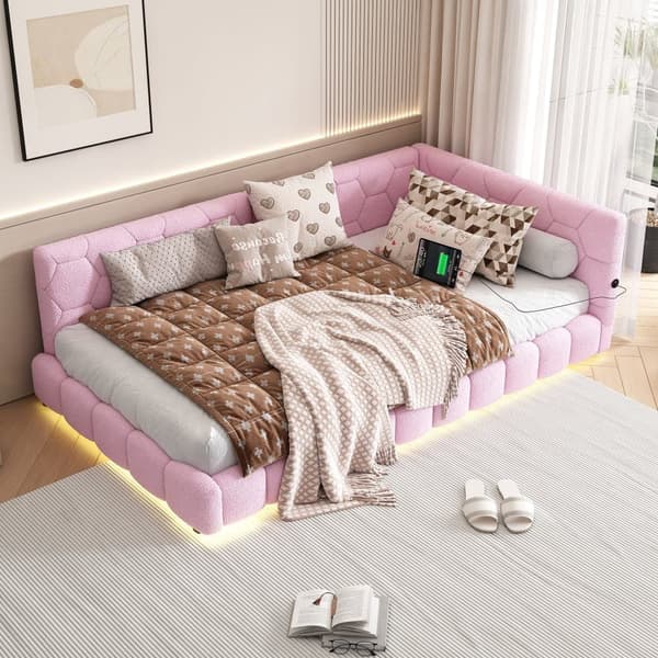 90 x 200 cm fløjl sovesofa - med LED og USB tilslutning - Pink