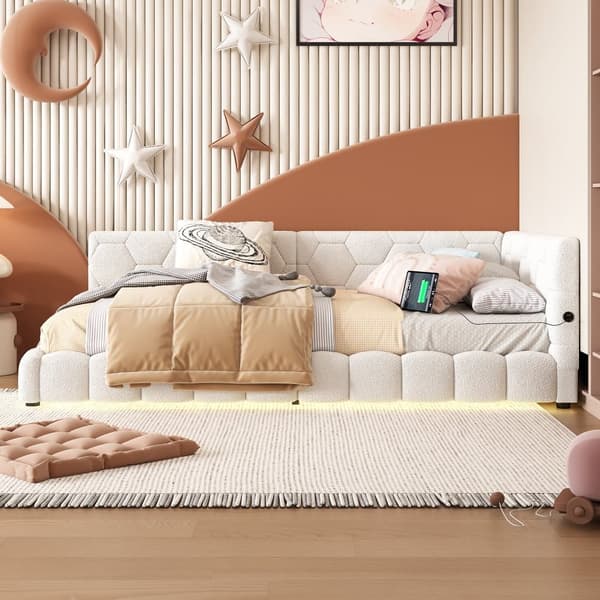 90 x 200 cm velour sovesofa - med LED og USB tilslutning - hvid